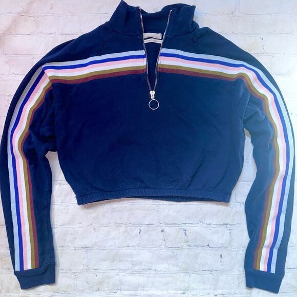 EUC Women’s Medium Urban Outfitters Rainbow Striped Funnel Neck Navy Track Top - Picture 1 of 6